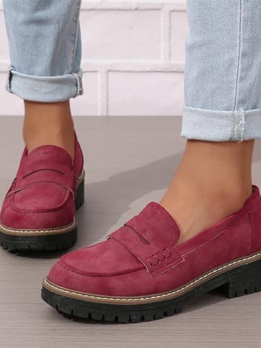NWOT Red Suede Womens Loafers Shoes Platform Chunky Penny Loafer Lug Sole 8.5 - Picture 3 of 7